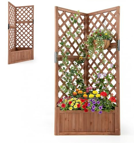 HOMASIS Blumenkasten mit Rankgitter, 140cm Hochbeet Holz, Eck Pflanzkasten mit Spalier & Drainageloch, Gartenspalier für Kletterpflanzen, Pflanzkübel mit Rankhilfe für Balkon Garten Terrasse (Braun)