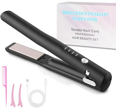 Vicloon 2 en 1 Lisseur et boucleur sans fil, mini lisseur portable de voyage, rechargeable par USB, 4 températures, mini fer à boucler pour des cheveux lisses et brillants-Noir