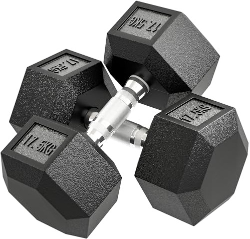 HOMCOM Juego de Mancuernas Hexagonales, 2 x 17,5 kg, de Hierro Fundido, Recubiertas de Goma, Juego de Pesas con Barras de Conexión para Entrenamiento en Casa, Gimnasio y Oficina, Negro y Plata