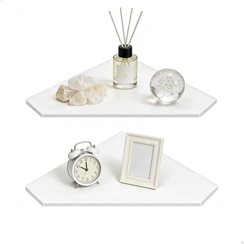 luopeidian Eckwandregal, Eckregal Hängend Weiß mit 2 Weißen Acrylplatten ohne Bohren, Acryl Eckregal für Feuchte Küche Bad und Gewürze, Wandregal Ecke für 90° Ecken Kleine Deko und Pflanzen