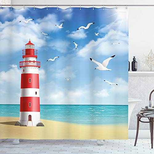ABAKUHAUS Strand Duschvorhang, Leuchtturm Möwen Ozean, Stoffliches Gewebe Badezimmerdekorationsset mit Haken, 175 x 200 cm, Vermilion Blau
