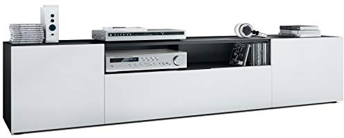 Vladon Lowboard Mogan, TV-Kommode mit 2 Türen, 1 Klappe und 1 offenes Fach, Schwarz matt/Weiß matt (181 x 39 x 35 cm)