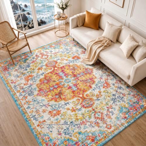 Livabliss Asmara Vintage Teppich groß - Teppich Wohnzimmer 120x170 cm, Esszimmer, Schlafzimmer, Orientalischer Teppiche Boho Style - Carpet Living Room, Bunter Muster, Rot, Orange, Blaugrüne, Beige