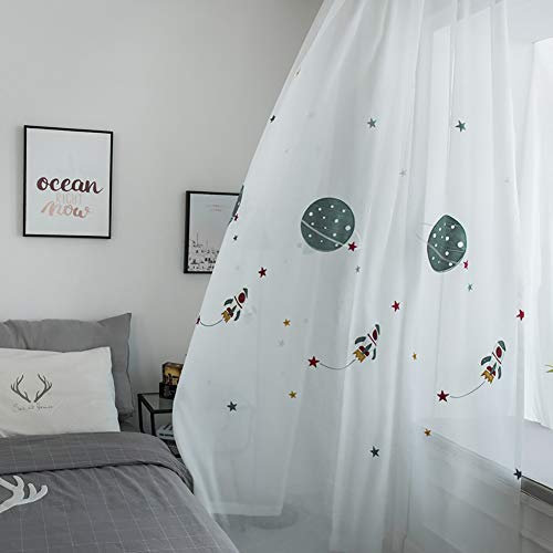 Naturer Weiß Vorhang Kinderzimmer Transparent Lang 225x140 Junge Stickerei Planet Sterne Muster Voile Gardinen Durchsichtig Babyzimmer Schlafzimmer