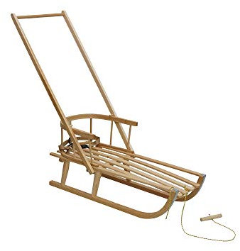 Holzschlitten für Kinder mit Rückenlehne Rodelschlitten Davoser Schlitten aus Holz mit einem Sicherheitsgurt, Rückenlehne und Pusher (Natur)