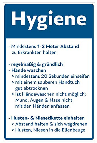 Hinweis-Schild 300x200 mm - Hygiene-Vorschriften gegen das Corona-Virus (COVID-19), aus Alu/Dibond 300x200 mm - 3 mm stark