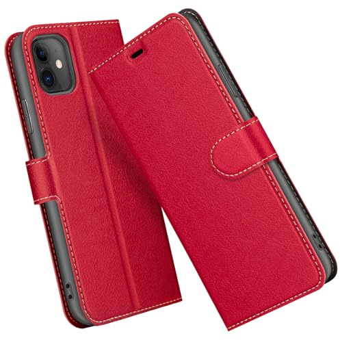 ELESNOW Hülle für iPhone 11, PU Leder Klappbar Wallet Handyhülle Schutzhülle Tasche mit Kartenfach, RFID Blocking, Standfunktion, Magnetisch für Apple iPhone 11 Hüllen (Rot)