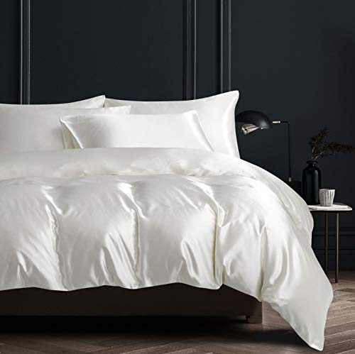 Damier Weiß Bettwäsche 155x220cm Satin Glänzend Glatt Bettbezug Set 3 Teilig Deluxe Hotelqualität Satin Deckenbezug mit Reißverschluss und 2 Kissenbezüge 80 × 80 cm