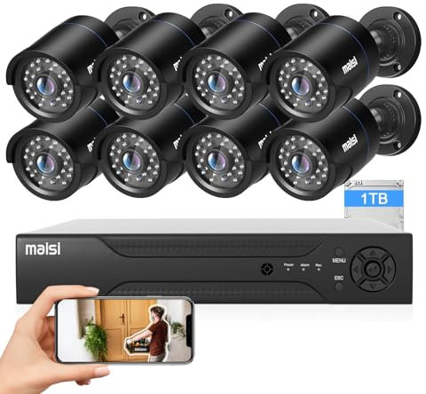Maisi 8CH 3K DVR Recorder CCTV Security Camera System with 1TB Hard Drive, 8x 5MP Outdoor Bullet Cameras, IP66 Waterproof, Night Vision, APP Push and Email Alert, 24/7 Continuous/Motion Recording
