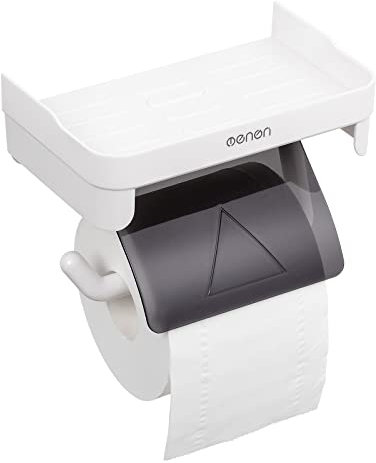 VAONEEY Porte Papier Toilette sans Percage, Derouleur Papier Toilette avec Etagere de Rangement, Porte Rouleau Papier Toilette Adhesif, Support Papier Toilette Mural, Blanc Matériau ABS