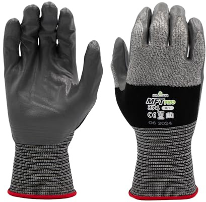 SHOWA MFT PRO 374, Mechanical and Industrial Protective Gloves, Flat Nitrile Palm Coating, Ultra-lightweight, Breathable, Grey, 12 Pairs, Size Large