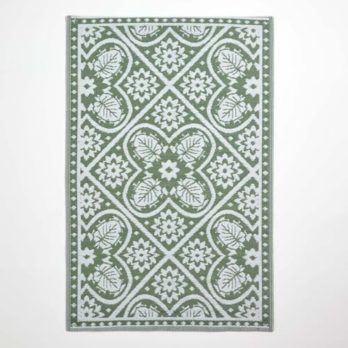 HOMESCAPES Tapis extérieur résistant Pluie et UV, Tapis de Jardin imperméable réversible Vert à Motif carrelage, 182 x 122 cm, Intérieur extérieur terrasse Balcon