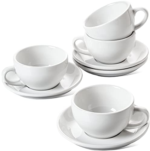 LE TAUCI Juego de 4 tazas de café con platillos de 8 onzas, juego de 4 tazas de café grandes de cerámica para latte, Au Lait, blanco plano, moca, juego de tazas de té, aptas para lavavajillas, tazas