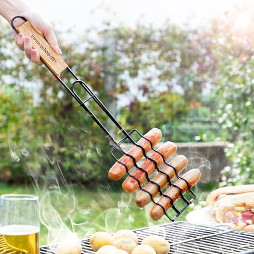 InnovaGoods - Antihaft Würstchengrillrost, Sicherheitsverschluss, Ergonomischer Holzgriff, Vielseitig für Holzkohle/Gas/Holz, Schwarz, 51 x 8 x 4 cm, Eisen