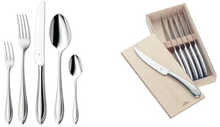 WMF Verona Besteck Set 12 Personen, 60-teilig, Monobloc-Messer & Steakmesser Set 6-teilig, Pizzamesser, Cromargan Edelstahl poliert, Wellenschliff, spülmaschinengeeignet, in Holzbox
