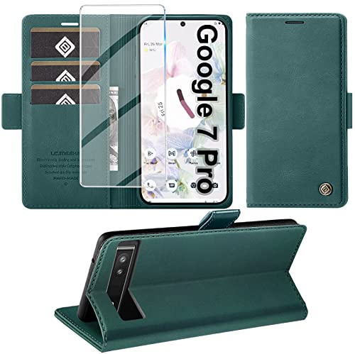 Giyer Handyhülle für Google Pixel 7 Pro Mit Schutzfolie, Standfunktion, Kartenfach - Premium Leder Schutzhülle, Flip Case Cover Klapphülle (Grün)