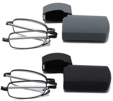 Hubeye 2 Paar Faltbare Lesebrille Mini Tragbare Lesehilfe aus Edelstahl mit Hartschalen-Etui Anti-Blau Sehhilfe für Herren und Damen 1.00