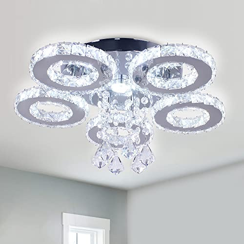 Finktonglan Kristall LED Deckenleuchte 5 Ringe Moderne Kronleuchter Edelstahl Pendelleuchte Leuchte für Foyer Wohnzimmer Esszimmer Schlafzimmer (Kaltes Weiß)