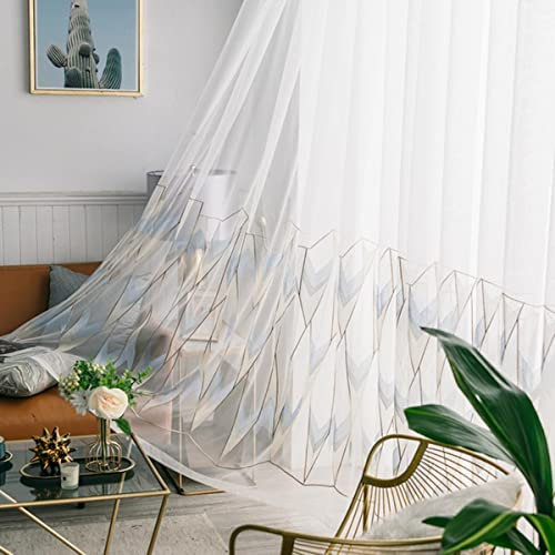 Neue Vorhänge für Wohnzimmer, Esszimmer, Schlafzimmer, individuell Bestickt, modernes, einfaches geometrisches Muster, Fenstervorhang, Raumdekoration, Weiß, B250 cm x H250 cm, 1 Stück, Plissee-Kleb