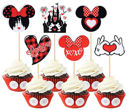 Rsstarxi 30 Pack Minnie Mouse Inspired Valentine's Day Cupcake Toppers Love Heart Castle Fireworks Cupcake Picks for Valentine's Day Theme Wedding Engagement Party Cake Decorations Supplies