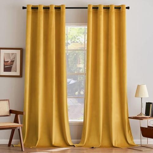 MIULEE Samtvorhang mit Ösen, Vorhänge Blickdicht 140x300 cm Senfgelb, 2er | Weicher Gardinen Blickdichter Samtvorhang mit Ösen, Thermoverdunkelnd, Moderner Luxus für Wohnzimmer & Schlafzimmer