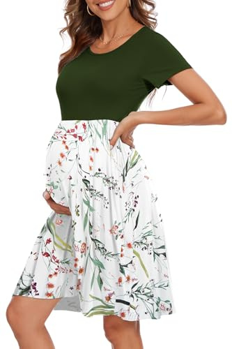 WOOXIO Women's Short Sleeve Maternity Dress Patchwork Pregnancy Clothes with Pockets Large,Army Green-Leaf White
