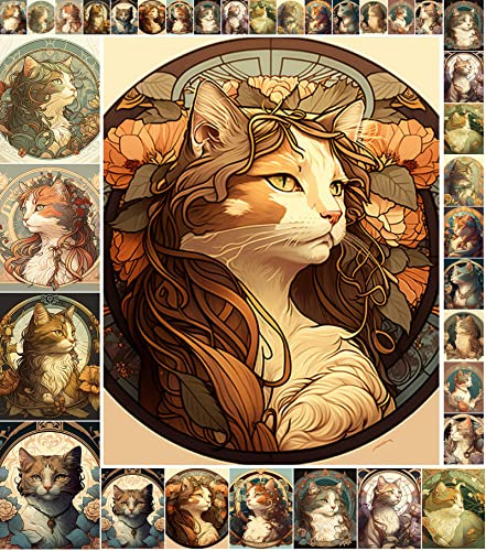 Decoupage Paper Pack (35 Sheets 6x8) Art Nouveau Cat Portraits FLONZ Vintage Pictures Reprint Cards for Decoupage, Craft and Scrapbooking