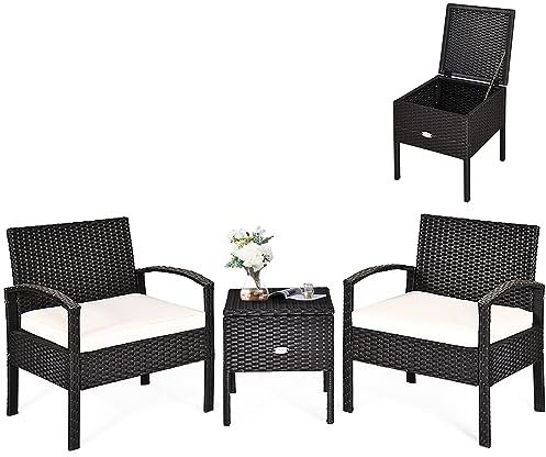 COSTWAY Balkonmöbel Kleiner Balkon, Rattan 2 Sessel & Tisch mit Stauraum, 3 TLG. Gartenmöbel, Terrassenmöbel Rattanmöbel Lounge-Set, inkl. Kissen, schwarz