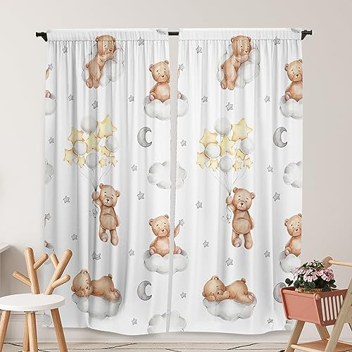 Yilinata Bear Themed Curtains for Kids Boys Girls Kawaii Sleeping Bears Cloud Balloon Nursery Toddler Rod Pocket Drapes Home Living Room Baby Bedroom Decor Durable Fabric 84 in X 84 in