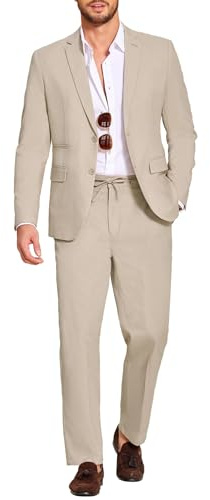 COOFANDY Mens 2 Piece Linen Suits Regular Fit Lightweight Summer Beach Wedding Linen Suit Set