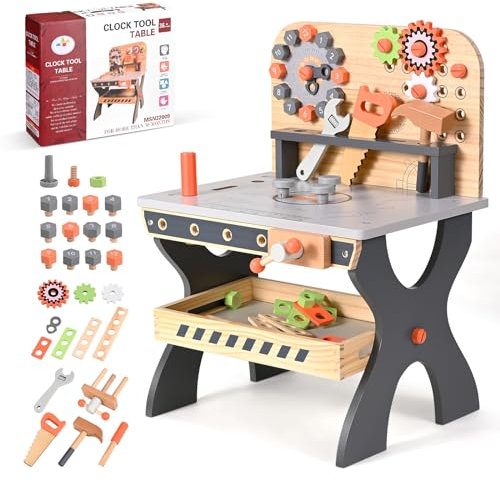 GJCrafts Werkbank Kinder Miniwerkstatt Inkl. Werkzeugen und Zubehör Holz Spielzeug Spiel kreatives Bauen Spielzeug für Kinder ab 3 Jahren Werkzeugbank,39.5×29.5×54cm