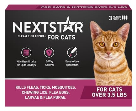 NEXTSTAR Flea and Tick Prevention for Cats, Repellent and Control, Fast Acting Waterproof Topical Drops, Flea Prevention for Cats Over 3.5 lbs, 3 Monthly Doses