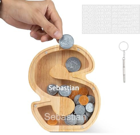 DONJIM Personlig sparbössa i trä för barn, 17,78 cm brev spargris, klar pengar presentask, avtagbar sedelburk, med gör-det-själv alfabetsklistermärken och skruvmejsel, alfabet S sedelburk