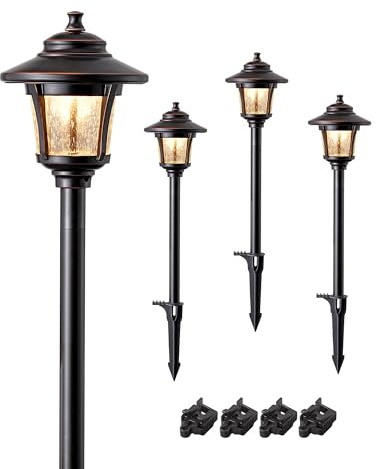 EDISHINE Low Voltage Landscape Lighting, 12V 3W 120LM 3000K Seed Glass Outdoor Landscape Path Lights with Connectors, ORB Waterproof Electric LED Pathway Light Wired for Walkway Garden Yard, 4 Pack