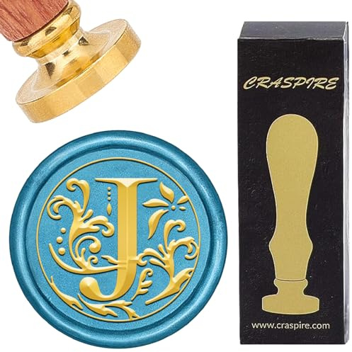 craspire Lettre J Initiales Tampon de Cire à Cacheter Rétro Alphabet Tampons de Cire Classique Vintage 26 Lettres AZ 25mm Tête en Laiton Amovible Manche en Bois pour Enveloppe Invitation