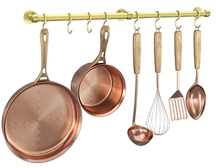 ROTHLEY Stainless Steel Hanging Pot Rack Hanger: 23.7 Inch Brass Pot and Pan Hanger Wall Mounted Hanging Pot Bar Rack Heavy Duty Pot Hangers Kitchen Rail with 8 S Hooks