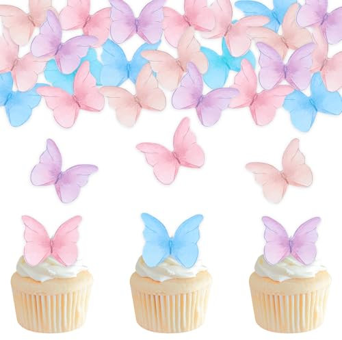 DazzJoy Essbare Schmetterlinge für Torte, 48 Stück Bunte Schmetterling Cupcake Topper, Muffin Deko, Esspapier Tortendeko für Geburtstag und Hochzeit