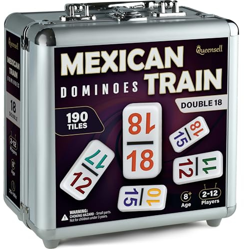 Queensell Domino-Set mit mexikanischem Zug, 18 Stück, Domino-Set für Erwachsene und Familie, mexikanischer Zug, 18 Dominosteine, farbige Punkte, mexikanische Domino-Brettspiele