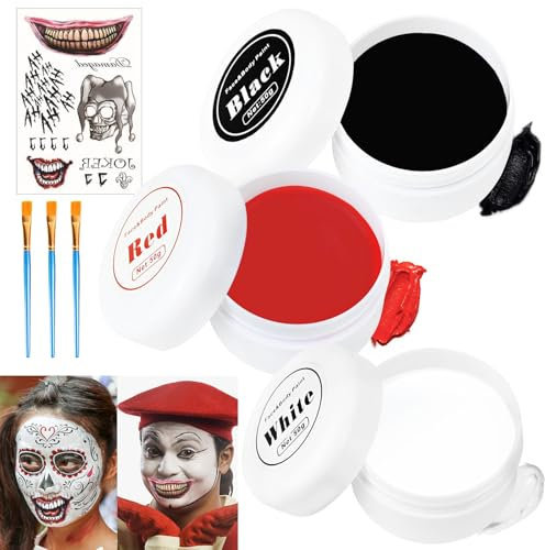 Halloween Clown Makeup, Gesicht Körperfarbe, Makeup Spezialeffekte Farben Set, 150g Gesichtsfarbe mit 3 Schminkpinsel + Halloween Tattoo für Clown Zirkus Joker Cosplay SFX Spezialeffekt Make Up