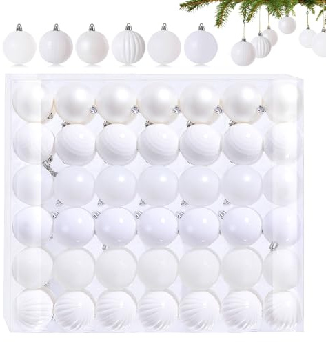 42 bolas de Navidad pequeñas, color blanco, 6 diseños diferentes, de plástico, 3 cm, mini bolas de Navidad de plástico, bolas decorativas para árbol de Navidad