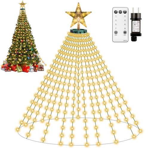 410 LED Luci Albero di Natale, 8 Modalità 2Mx16 Fili Mantello Luci per Albero di Natale a Cascata con Star Topper， Impermeabile Luminarie Natalizie con Telecomando per Interno Esterno Decorazioni | 8 Modalità luminose, Impermeabile Luminarie Natalizie con Telecomando, adatto per Interno ed Esterno Decorazioni