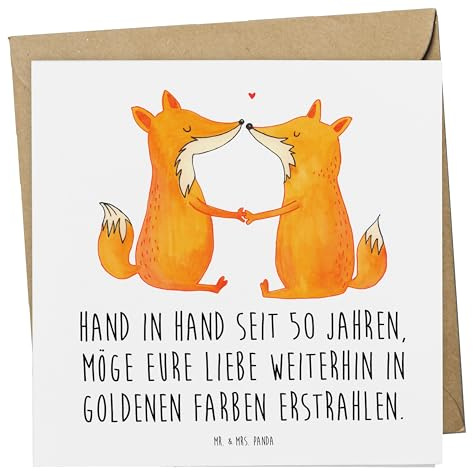 Mr. & Mrs. Panda Klappkarte 50. Hochzeitstag Goldene Hochzeit - Geschenk, Hochtzeit, ewige Liebe, Glückwunschkarte, doppelkarte, liebevoll gestaltet, handgefertigt, anlasskarte, in goldenen Farben