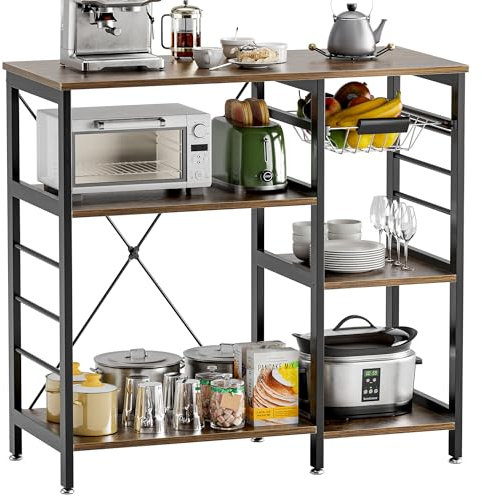 vovala Küchenregal Bäckergestell, Mikrowellenständer mit Bambusrahmen, 90cm Kaffeebar mit Drahtkorb und 6 Haken, 3-stöckiger Küchenregalständer für Küche, Wohnzimmer, Büro, Rustikal Braun