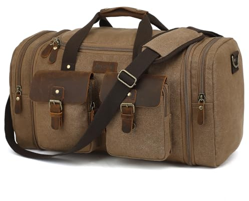 Imyth Klassische Reisetasche für Herren, 50 l, für Wochenende, Übernachtung, Handgepäcktasche, erweiterbar, Leinen, Crazy Horse, Leder, 209_coffee, 64 cm x 30 cm x 30 cm (60L), Europäischer und