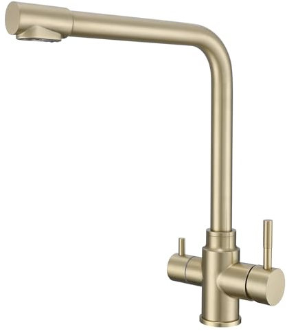 DMOZMSY Doré Robinet 3 Voies Cuisine En Pour L'eau Filtre Double Levier Pivotant Mitigeur 3 Voies Pour Système D'Osmose(Or Brossé)