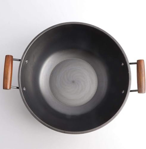Padella in ghisa antiaderente da 38 cm con coperchio in legno non rivestita, pentola regalo per stufato in acciaio inox e cottura wok