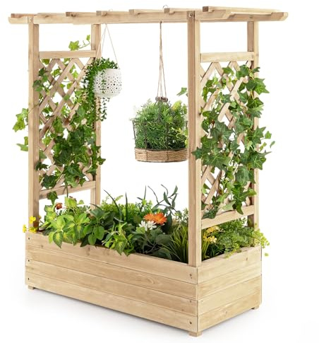 HOMASIS Blumenkasten mit 2 Rankgitter & Dachregal, Hochbeet mit Spalier, Holz Pflanzkasten für Kletterpflanz, Pflanzkübel Pflanzgefäß Rankhilfe für Garten Balkon Terrasse (Natur, 110x44x113,5cm)
