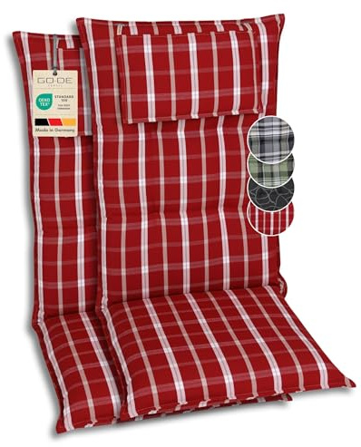 GO-DE Textil Bequeme und attraktive Polsterauflagen für Hochlehner-Gartenstühle (2er-Set, Karo rot, Hochlehner)
