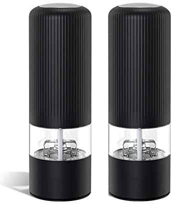 TONZN Molinillo de Sal y Pimienta, Molinillo eléctrico, Juego de 2, Grosor Ajustable, Rotor de cerámica, Funciona con Pilas, Color Plateado (Negro) (Negro)