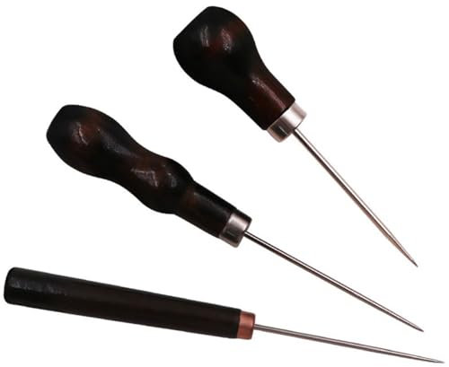 TSUOUKL 3x Punteruolo in Legno per Cuoio - Attrezzi da Cucito Professionale con Punta Acciaio, Ago Manuale per Riparazioni e Lavorazione Pelle